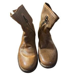 Studded Leather Ankle Boots Zipper Perforated Brown Moto Biker Style